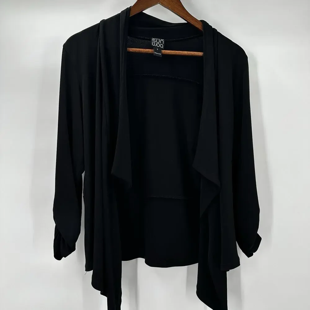 Clara Sun Woo Cardigan Sweater Womens Large Black Open Slinky Office Business - Picture 2 of 9